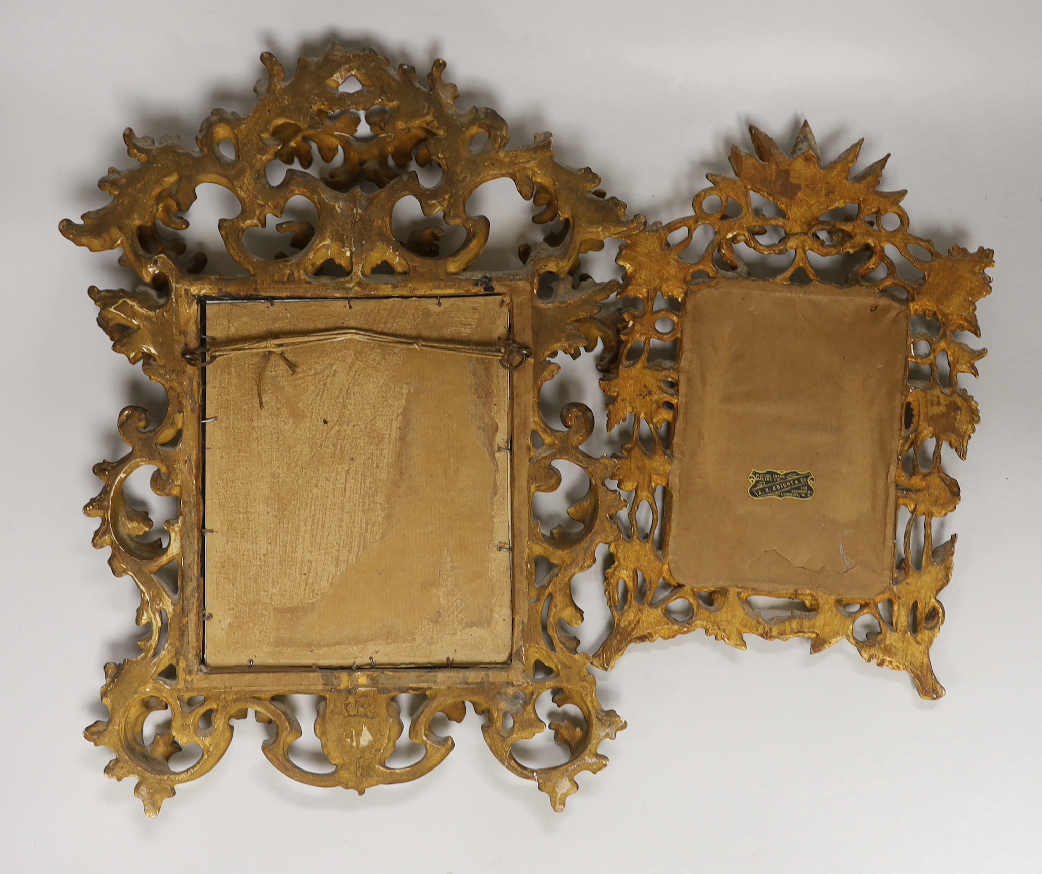 Two Florentine giltwood frames, one carved with leaves and flowers, the largest 41cm x 30cm